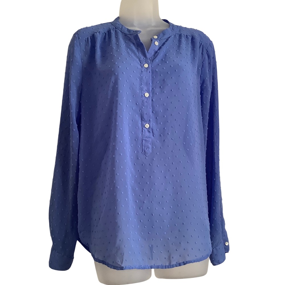 J.Crew Womens Periwinkle Blue Swiss Dot Henley Blouse Band Collar Long Sleeve M